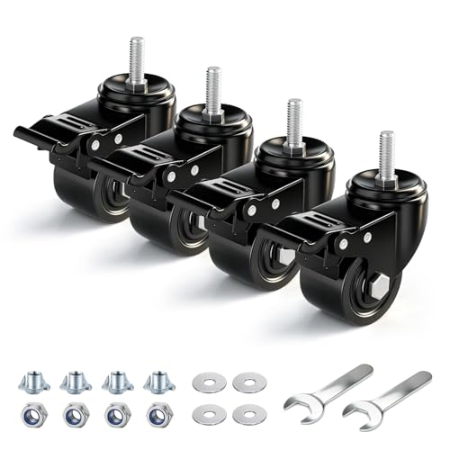 2 Inch Casters Set of 4, Threaded Stem 3/8"-16x1 (Diameter 3/8", Length 1"), Locking Swivel Heavy Duty Industrial Caster Wheels Load 2200lbs, Low Profile Castor for Furniture and Workbench - style: 2″ With brake