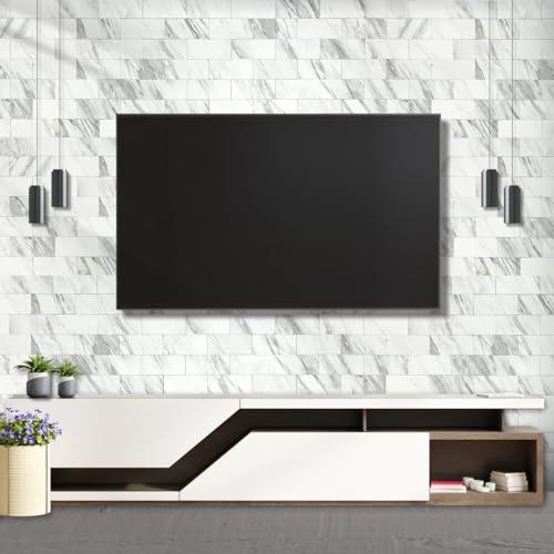 AULIGET 100-Piece White Marble Look Peel and Stick Backsplash Wall Tiles, 3" x 6" PVC Faux Stone Stick on Tile for Backsplash Kitchen, Bathroom, Laundry Room, Camper, Fireplace - color: White Marble