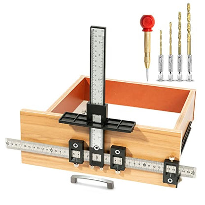 Cabinet Hardware Jig, Aluminum Alloy Cabinet Handle Jig Tool for Fast and Accurate Installation of Door Handles and Drawer Front Knobs, Pulls(with Automatic Center Punch and 4 Drill Bits)
