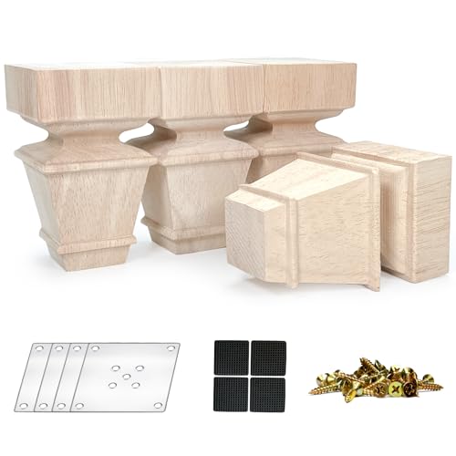 CRAPAPFERT Wood Furniture Legs 4 Inch Set of 4 Unfinished Square Bun Feet - size: 4inch