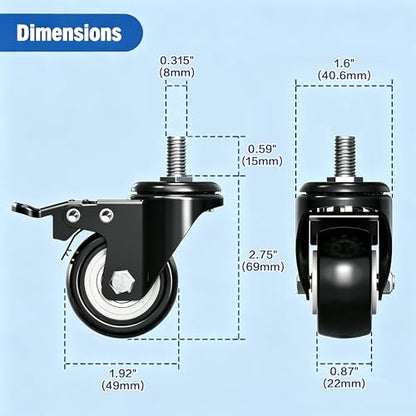 2 Inch Swivel Caster Wheels Set of 8 Metric M8 15mm Threaded Stem - size: 2Inch x M8 x 15mm