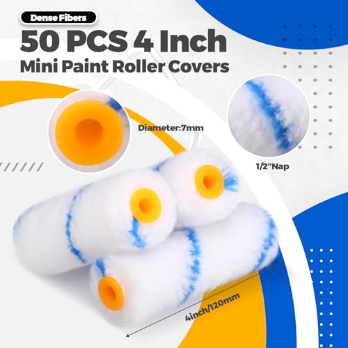 Leumoi 50 Pcs 4 Inch Microfiber Mini Paint Rollers, Blue & White - size: 4 Inch
