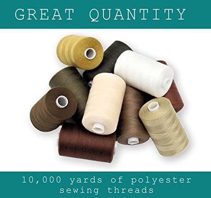 BlesSew Sewing Thread in Brown Color Tones - 10 Spools of Polyester Thread for Sewing Machine for Beginners, Hand Stitching & Quilting - 1000 yds Per Spool - color: Brown-Khaki-Neutral
