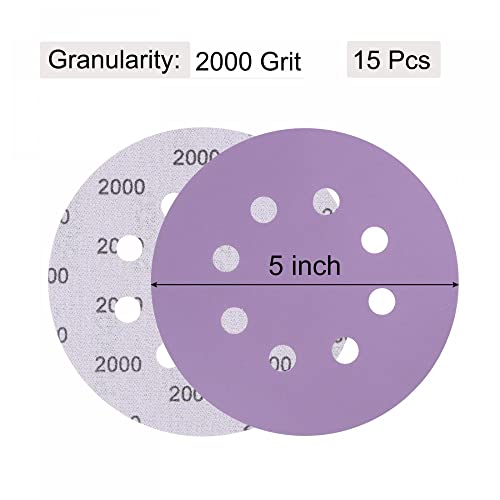 uxcell 15Pcs 5-Inch Purple Sanding Discs 2000 Grits 8 Hole Hook and Loop Professional Aluminum Oxide Sand Paper Wet Dry Polish for Wood Metal Paint Finish - style: 2000 Grit