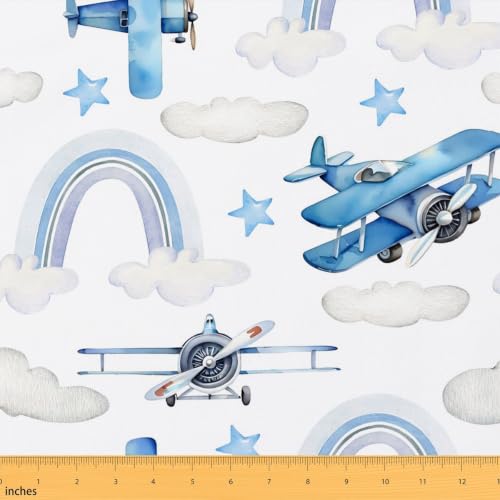 Blue Aircrafts Fabric,Cartoon Airplane DIY Craft,Dreamy Rainbow Stars Cloud Soft Polyester No Stretch for Quilting Sewing Supplies,3 Yards,108" L x 59" W - color: Blue and White, size: 3 Yards