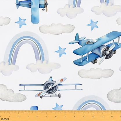 Blue Aircrafts Fabric,Cartoon Airplane DIY Craft,Dreamy Rainbow Stars Cloud Soft Polyester No Stretch for Quilting Sewing Supplies,3 Yards,108" L x 59" W - color: Blue and White, size: 3 Yards