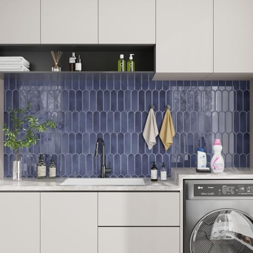 CRE8TIVE 4 Sheets Haze Blue Peel and Stick Backsplash for Kitchen Back Splash Stick on Tile Waterproof Long Fish Scale Tile Sticker Self Adhesive Peacock Feather Tile for Bathroom Laundry Room 12"x12" - size: 12"x12" (4-Sheets)