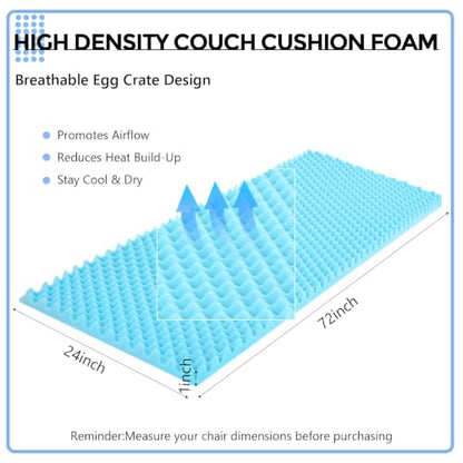 Gerrii 72" X 24" X 1" Egg Foam Pad, 30d High-Density Couch Cushion, Blue - color: Blue, size: 72" X 24" X 1"