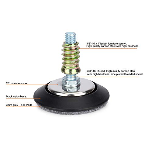 Adjustable Leveling Feet 3/8"-16 Thread with Felt Pads 4PK