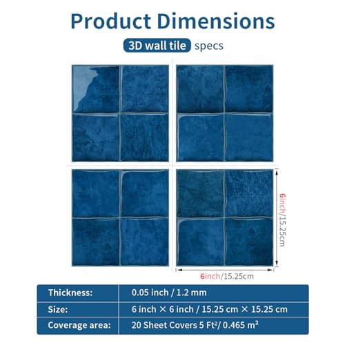 VICCI 3D Peel and Stick Backsplash Tiles, 6" x 6", 20-Sheet - color: Blue