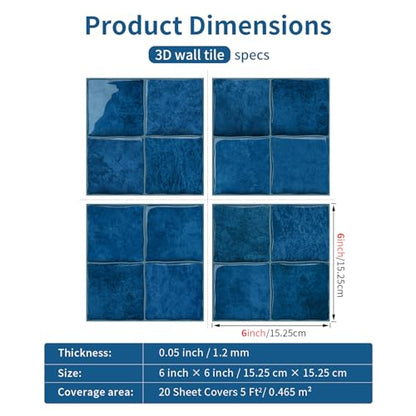 VICCI 3D Peel and Stick Backsplash Tiles, 6" x 6", 20-Sheet - color: Blue