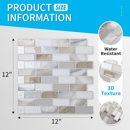 Art3d 10-Pack Marble Peel and Stick Backsplash, 12 x 12 in, Beige & White - color: Beige & White