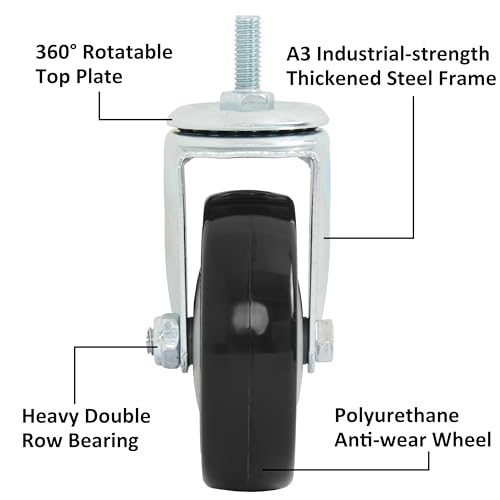 Finnhomy Swivel Caster Wheels 4 Inch Threaded Stem Casters Set of 4 Heavy Duty 3/8"-16 x 1 Anti-wear Polyurethane Industrial Castor Wheels for Cart/Furniture Load Bearing 2200 Lb Smooth Caster Black - style: 4 Inch