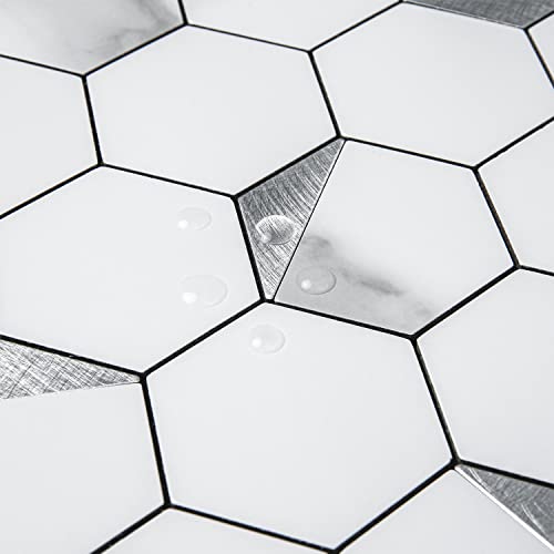 DICOFUN 1 Sheet Hexagon Tile Peel and Stick Backsplash, White Marble Look PVC Mixed Silver Metal Mosaic Tiles for Kitchen and Bathroom - color: Marble White + Silver Metal Chip, size: 1 Sheet, 12''x12''x0.12''