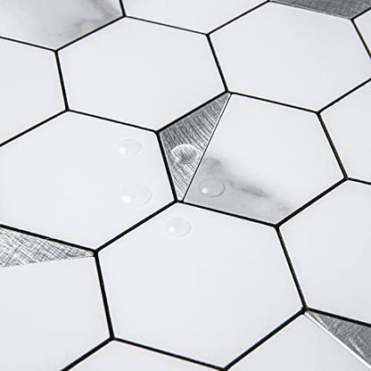 DICOFUN 1 Sheet Hexagon Tile Peel and Stick Backsplash, White Marble Look PVC Mixed Silver Metal Mosaic Tiles for Kitchen and Bathroom - color: Marble White + Silver Metal Chip, size: 1 Sheet, 12''x12''x0.12''