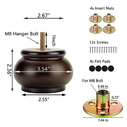 Maricome 2 Inch Round Furniture Feet Predrilled M8 Bolt Screw in Set of 4 Mid Century Replacement Bun Feet for Sofa Couch Ottoman (Height: 2.36 In/6CM) - color: 2 Inch Espresso