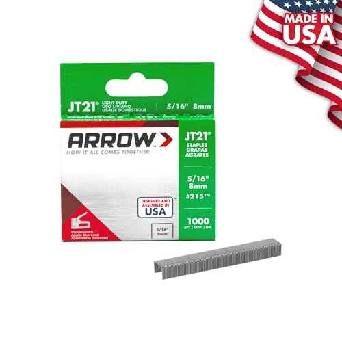 Arrow 215 JT21 Thin Wire Staples for Staple Guns and Staplers, Use for Upholstery, Crafts, General Repairs, 5/16-Inch Leg Length, 7/16-Inch Crown Width, 1000-Pack, Made in the USA - size: 5/16 Inch