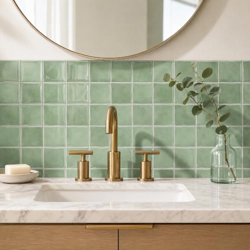 4 Pack Pale Sage Green Square Peel and Stick Wall Tiles, 6"x6" - color: Pale Sage Green, size: 4 Pcs 6" x 6" x 0.05"