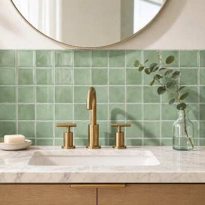 4 Pack Pale Sage Green Square Peel and Stick Wall Tiles, 6"x6" - color: Pale Sage Green, size: 4 Pcs 6" x 6" x 0.05"
