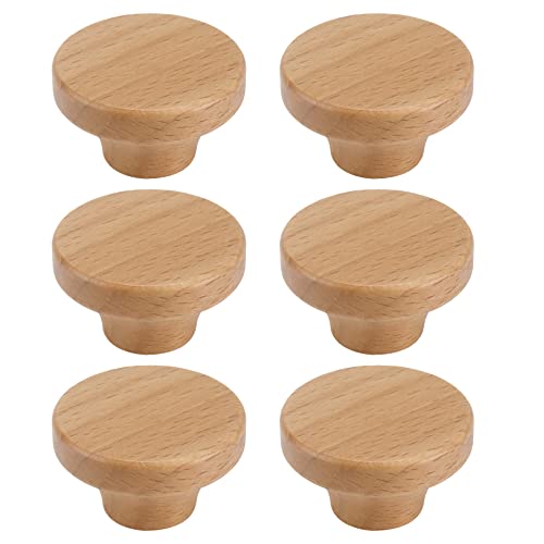 6PCS Round Wooden Single Hole Drawer Handles, 1.56" Cabinet Knobs - color: Beech, size: 1.56"