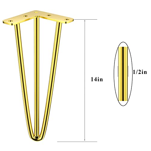 Osring 14 Inch Furniture Hairpin Legs Gold,1/2" Dia 3-Rods Metal Table Feet - color: Gold, size: 14 Inch