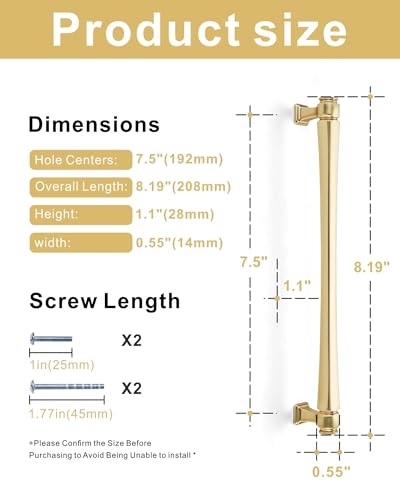 LIMUR 10 Pack 7.5 Inch (192mm) Hole Center Brushed Gold Cabinet Pulls – Solid Zinc Alloy Kitchen Cabinet Handles, Drawer Pulls for Bathroom Vanity, Dresser & Wardrobe, M4 Screws Included - color: Brushed Gold, size: 7.5"/192 MM Hole Center