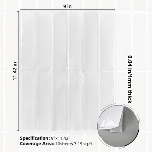 Peel and Stick Backsplash Tile for Kitchen, 10 Sheets, 11.42''x9'' - color: Pearl White