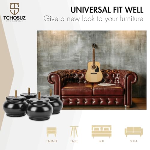 2.4 inch / 6cm Wooden Furniture Legs, Pack of 4 Classic Black Solid Wood Turned DIY Replacement Bun Feet with M8 Hanger Bolts & T-Nuts for Sofa Couch Ottoman Cabinet Table Riser