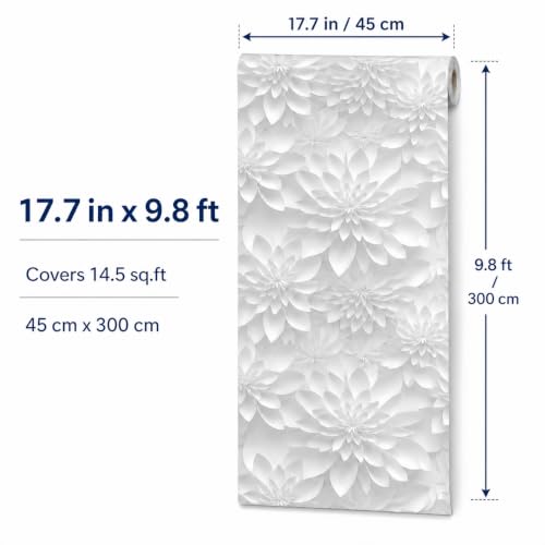 White Gray Lotus Floral Peel and Stick Wallpaper Visual 3D Effect - color: White& Gray, size: 17.7" x 118"