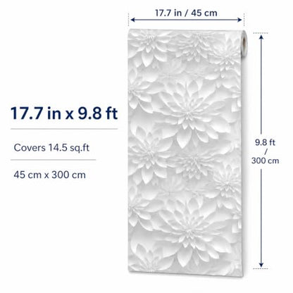 White Gray Lotus Floral Peel and Stick Wallpaper Visual 3D Effect - color: White& Gray, size: 17.7" x 118"