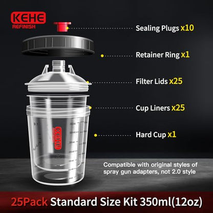 Disposable Paint Cups for Spray Gun,Mixing Cups 12 Ounce (350ml) Kit with 25 Liners and Lids with Strainer System for HVLP&LVLP,1 Hard Cup with Retainer Ring,10 Plugs,1 Cap,1 Wash Bottle - size: 12 oz (Small)-25Pack
