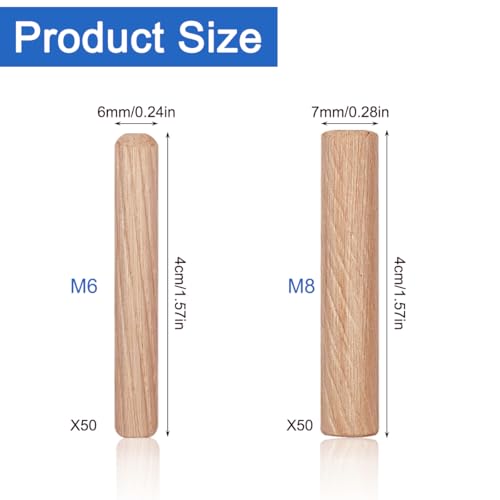 100 Pcs Wooden Dowels Pins Assorted, 2 Sizes, M6 M8 Wood Dowels Pins, 1/4 5/16 Inch Fluted Wood Dowels, Hard Wooden Dowels Grooved Plugs for Crafts, Furniture, DIY, Carpentry, Woodworking (6mm, 8mm)