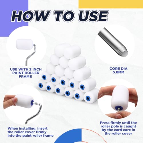 Nuenen 40 Pcs 2 Inch Foam Paint Rollers Mini Paint Roller Covers High Density Small Foam Paint Roller for House Wall Doors Cabinet Painting