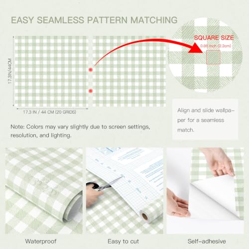 Peel and Stick Wallpaper for Bedroom Green & White Plaid 196"×17.3" - color: Green and White, size: 17.3" x 196"