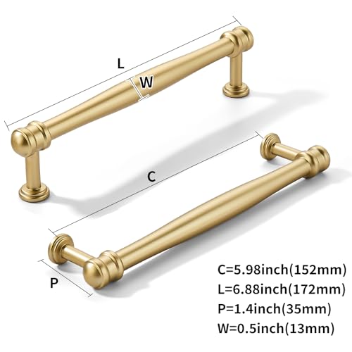 khtumeware 10 Pack 6inch(152mm) Hole Center Brushed Gold Cabinet pulls Matte Gold Solid Heavy-Duty Tradition Kitchen Cabinet Handle Cabinet Hardware for Dressing Table Bathroom Pull - color: Brushed Gold, size: 6inch(152mm) hole center