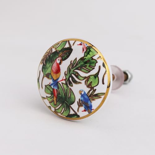 Indian Shelf Macaw Parrot Ceramic Cabinet Knobs Gold Drawer Pulls 6 Pack - color: Multicolor Bird, size: 6 Knobs