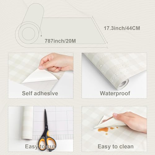 Cohoo Home Plaid Peel and Stick Wallpaper Gingham Checkered 17.3''×787'' - color: Neutral, size: 17.3"×787"