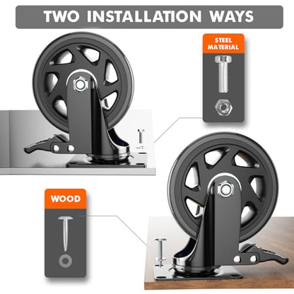 6 Inch Caster Wheels Heavy Duty Casters Set of 4 with Brake - color: Black, size: 6 Inch