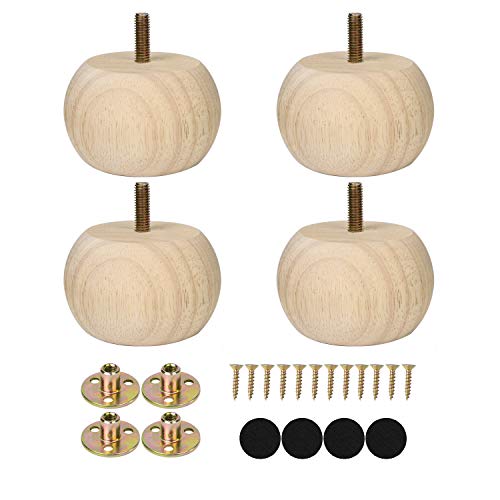 Maricome 2 Inch Bun Feet for Furniture Unfinished Solid Hardwood Round Ottoman/Couch/Sofa Legs Set of 4 M8 Bolt Predrilled - color: Unfinished