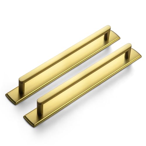 Goo-Ki 2 Pack 7 9/16 Inch Brushed Gold Cabinet Pull Handle with Backplate – Decorative Grooved Texture & Non-Slip Grip for Farmhouse/Industrial Kitchen Cabinetry - color: Brushed Gold, size: 7 9/16" Center to Center