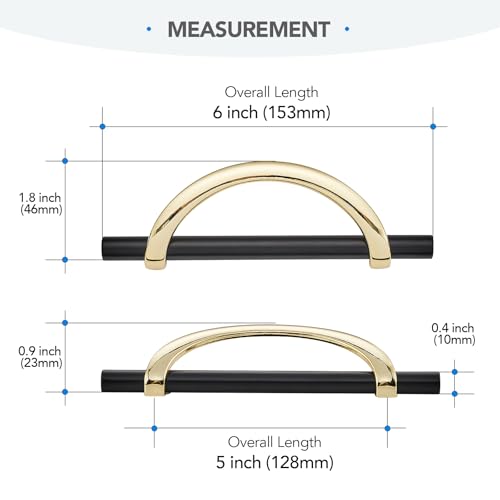 Polished Brass & Matte Black Cabinet Pulls Curved, 5 Inch/128 mm, 10 Pack - color: Gold & Matte Black, size: 5 Inch Hole Center