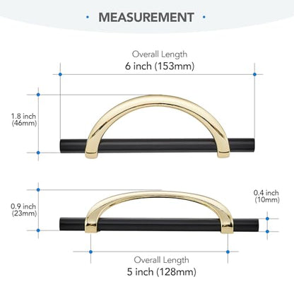 Polished Brass & Matte Black Cabinet Pulls Curved, 5 Inch/128 mm, 10 Pack - color: Gold & Matte Black, size: 5 Inch Hole Center