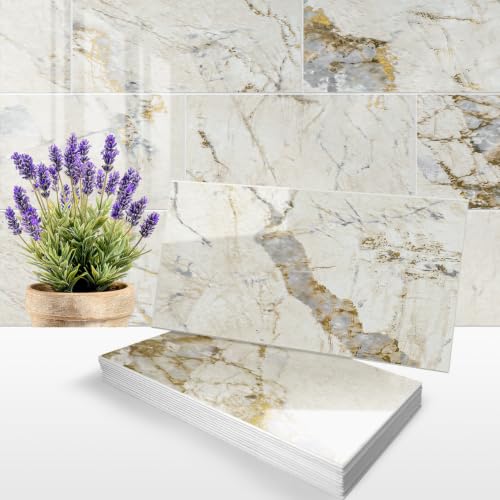 Vamos Tile Peel & Stick Backsplash on Subway Tile,22-Pack 6''x12'',Glossy - color: Gold Veining Pandora Marble with White Grout