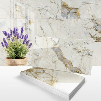 Vamos Tile Peel & Stick Backsplash on Subway Tile,22-Pack 6''x12'',Glossy - color: Gold Veining Pandora Marble with White Grout
