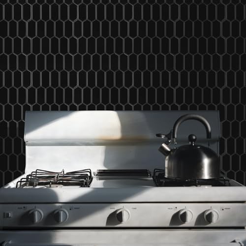 Peel and Stick Tile for Kitchen, Thicker Design 3D Self -Adhesive Long Hexagon Wall Tile Backsplash, Black 10-Sheet 12"x12" Stick on Tiles, Peel and Stick Wall Tiles for Kitchen - color: Black