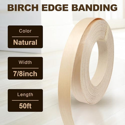 Biaungdo Birch Edge Banding 7/8 Inch x 50ft Iron-On Veneer for Cabinet