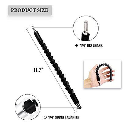 Right Angle Drill Attachment 1/4inch Hex Shank Right Angle Screwdriver Drill Bit Holder 105 Degree Drill Bit Extension Socket Adapter+ Flexible Drill Bit Extension-BLACK