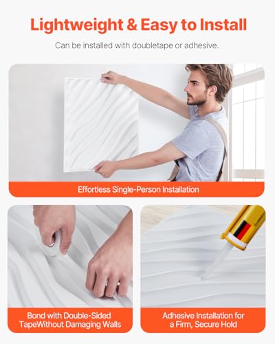 VEVOR 3D Wall Panels, 12-Pack 19.7 x 19.7 in PVC Modern Art Minimalist Wave Tiles, 32 Sq.Ft Coverage Accent Wall Panel, Interior Home Decor for Bedroom, Living & Gaming Room, Matte White