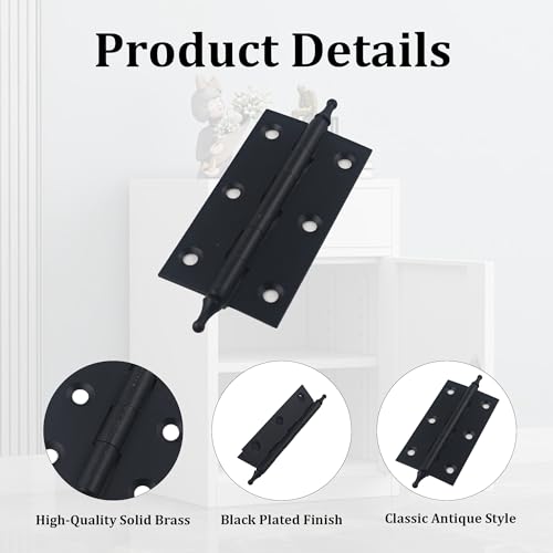 3 Inch Antique Style Solid Brass Butt Hinges with Ball Finials, Black Plated Butt Hinges with for Furniture Cabinet Drawer Door, 2PCS - size: 3 Inch