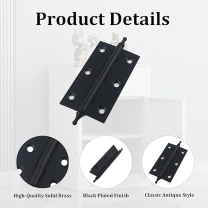 3 Inch Antique Style Solid Brass Butt Hinges with Ball Finials, Black Plated Butt Hinges with for Furniture Cabinet Drawer Door, 2PCS - size: 3 Inch